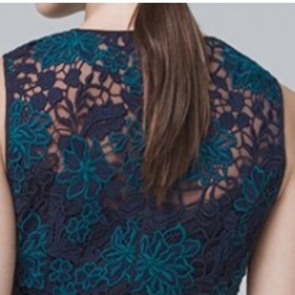 White House Black Market Illusion Lace Sheath Dress Navy Floral Midi EUC Zipper - Picture 3 of 16